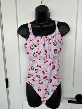 GINGHAM & CHERRIES FLATTERING ONE PIECE SWIM SUIT -tag says L but def more M/L